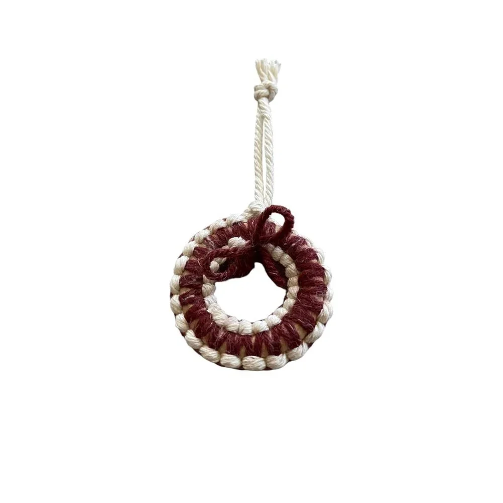 Handmade 6 pack of wool yarn wreath ornaments Burgundy/Cream Holiday Christmas